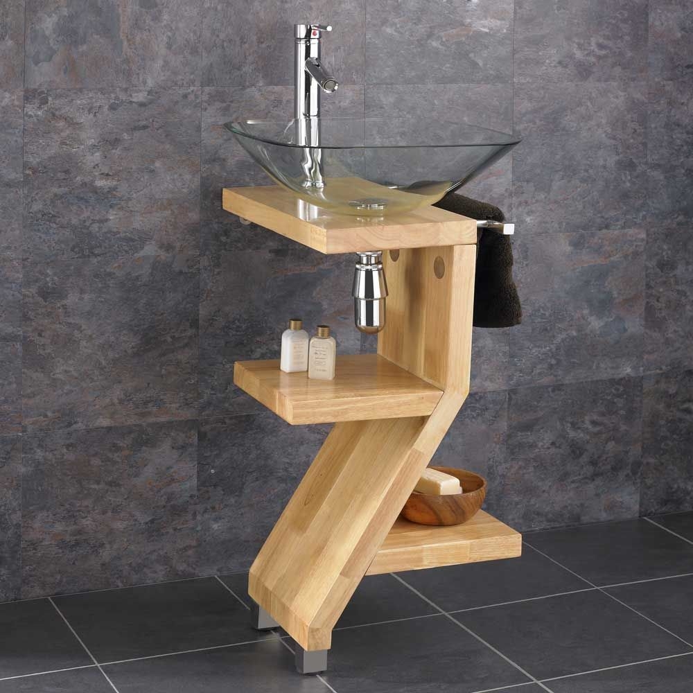 Trapani 42cm clear glass washbasin with contemporary wooden pedestal stand