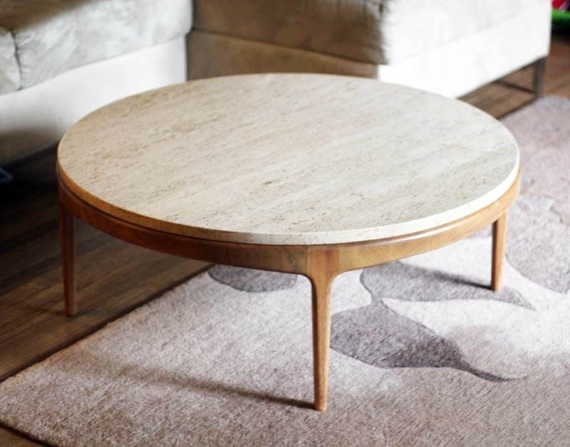 Mid Century Vintage Round Coffee Table With Marble Top 