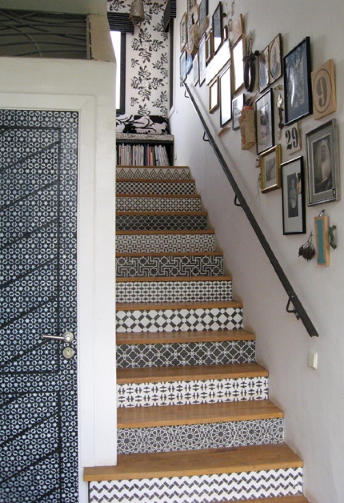 Moroccan design stencil on stairs