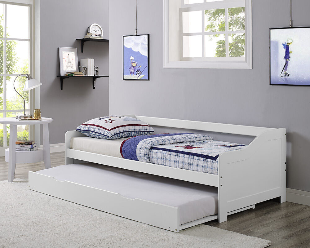 Single 3ft Day Bed White Frame With Trundle Solid Wood Daybed New