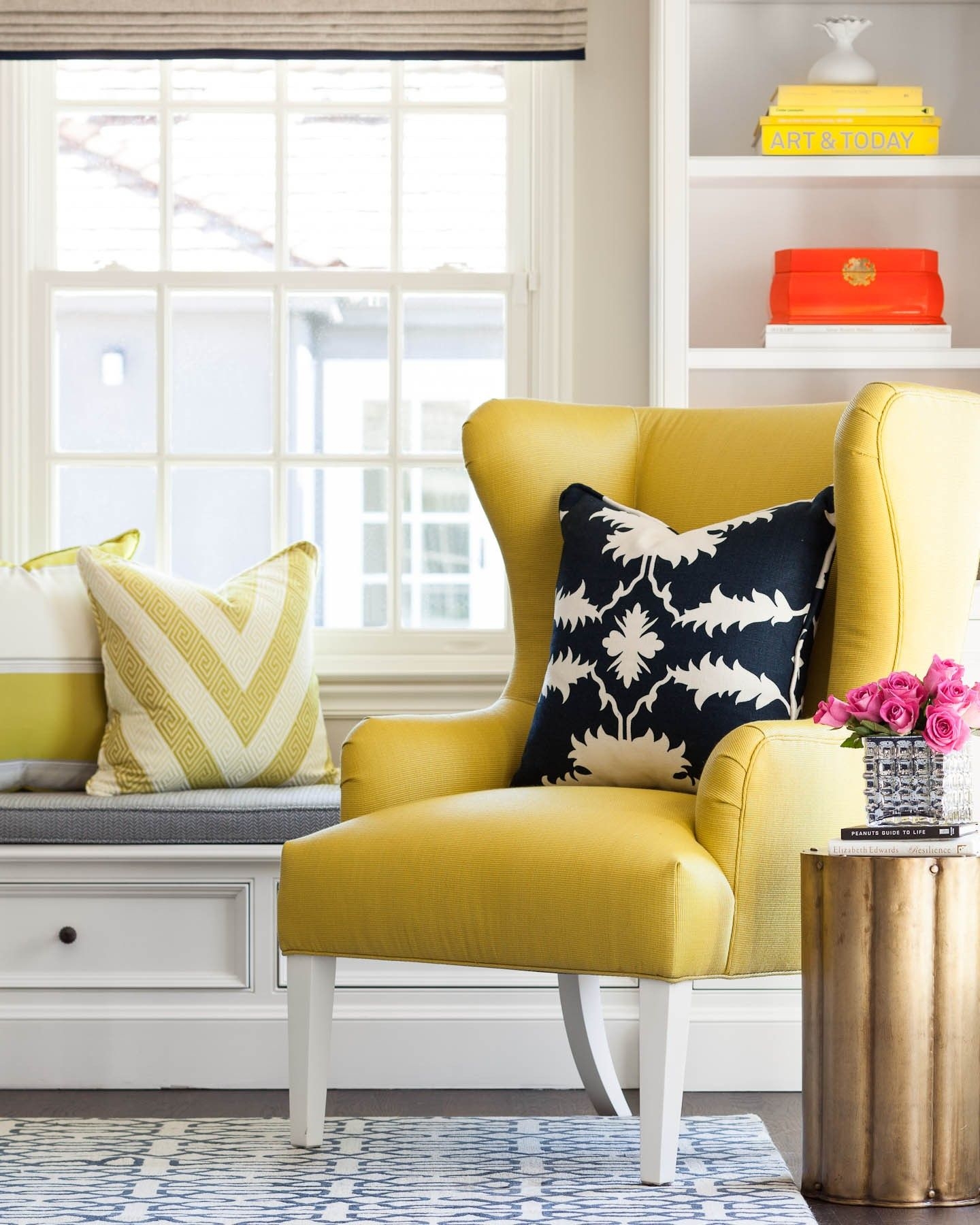 Yellow wingback chair contemporary living room martha ohara interiors