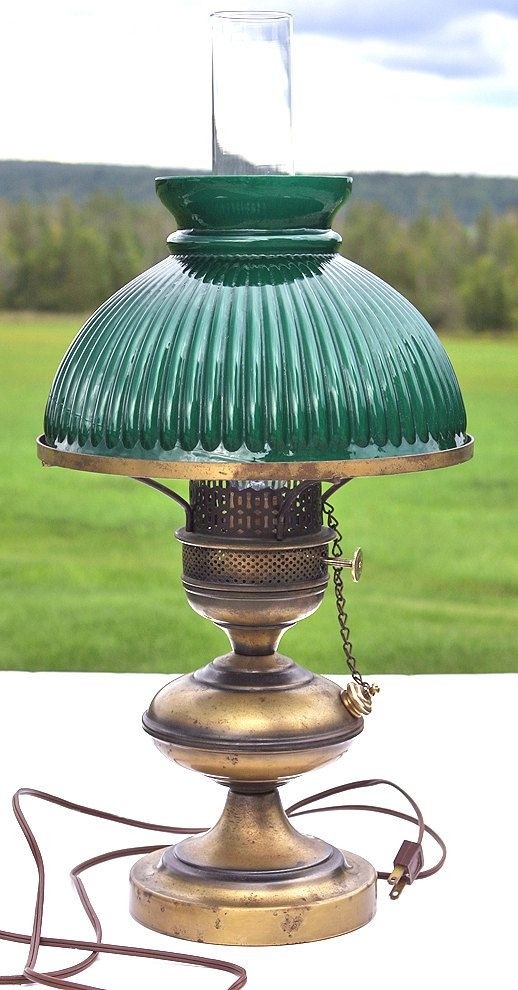 Antique Rayo Brass Kerosene Lamp w/ Green Glass Shade - Sherwood