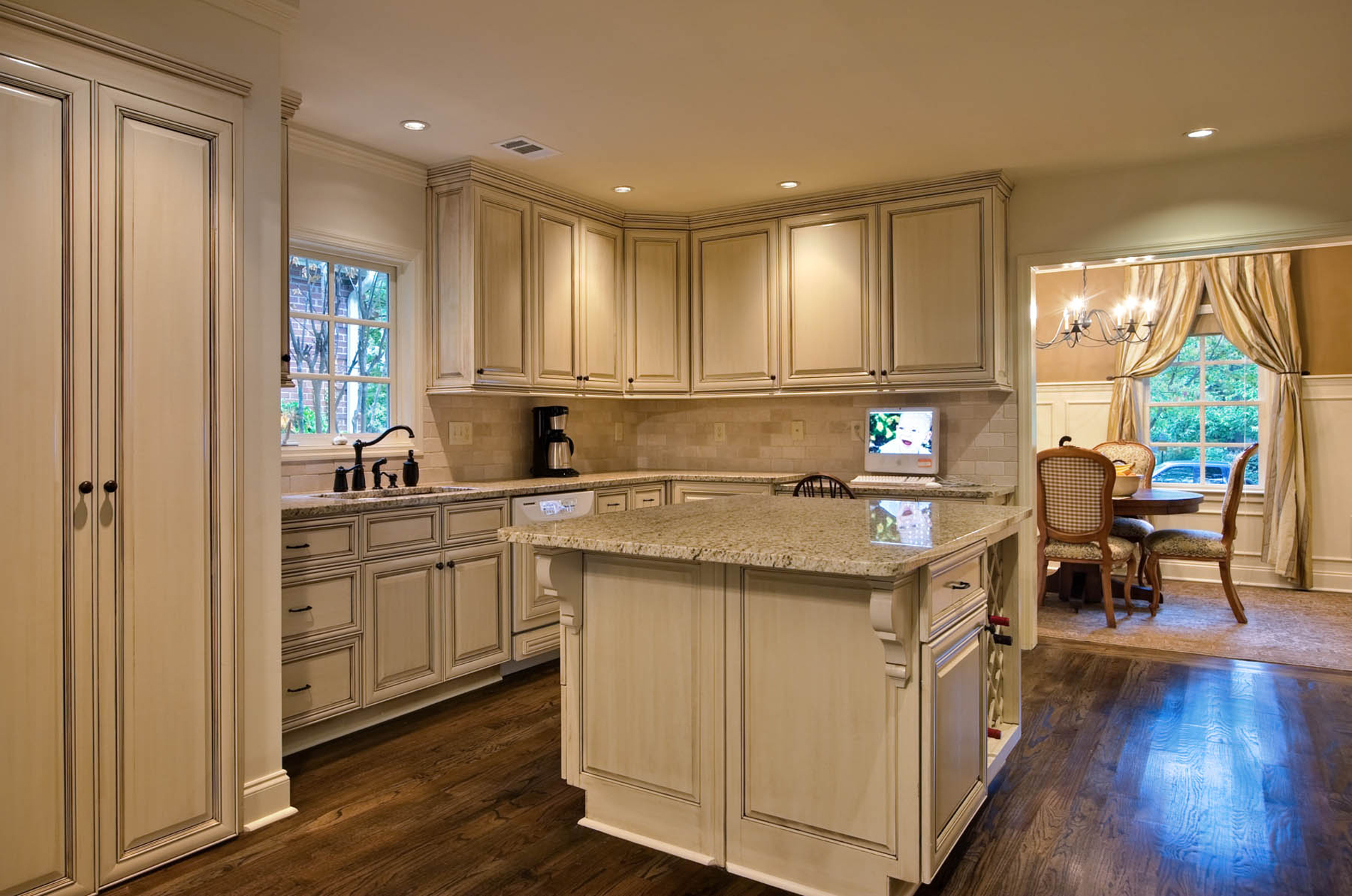 Appealing white granite tops wooden kitchen island with antique white