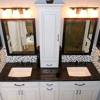 Featured image of post Double Sink Bathroom Vanity With Center Tower - Once that line was drawn i came back with this was a pain, but my sinks didn&#039;t come with templates.