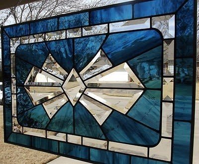 Cobalt Blue Star Burst Stained Glass Window Panel With Bevels 2