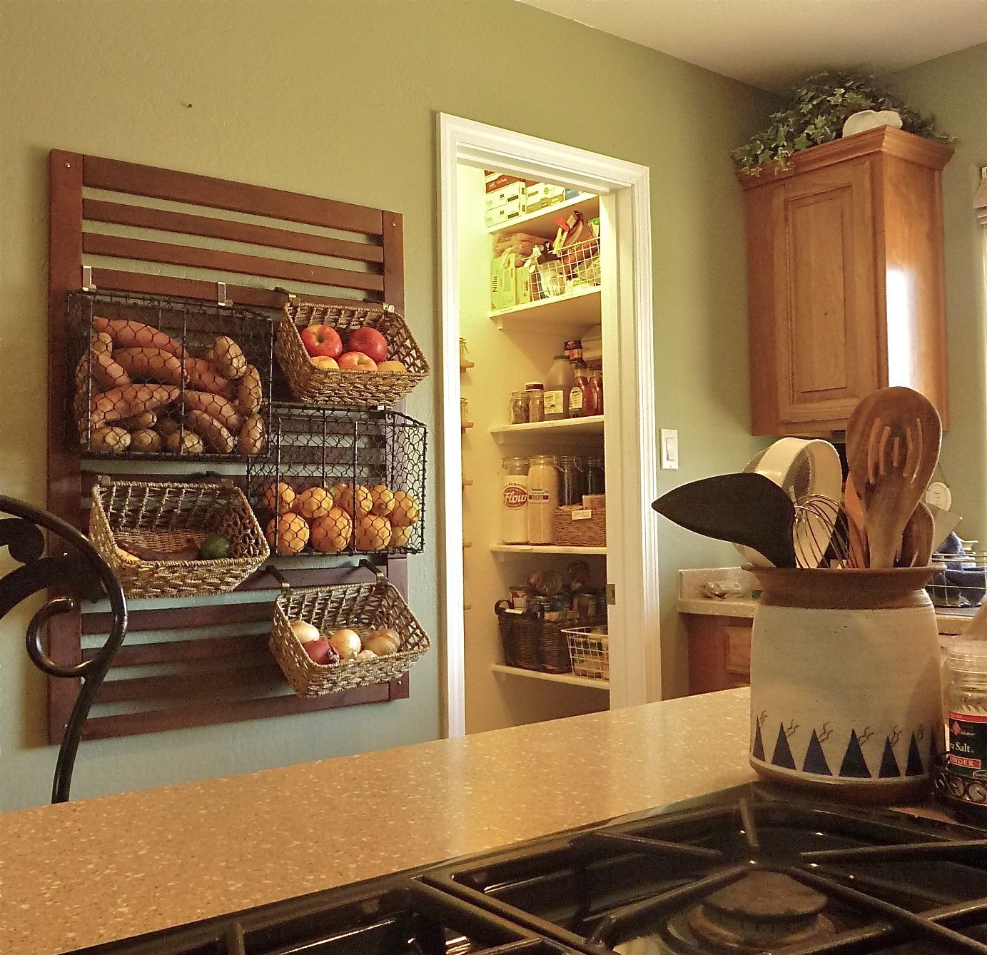 open shelves with baskets