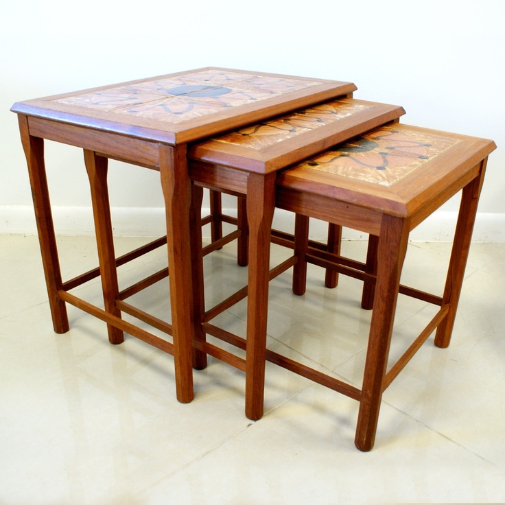 Teak tile top nesting tables vintage brown vintage furniture