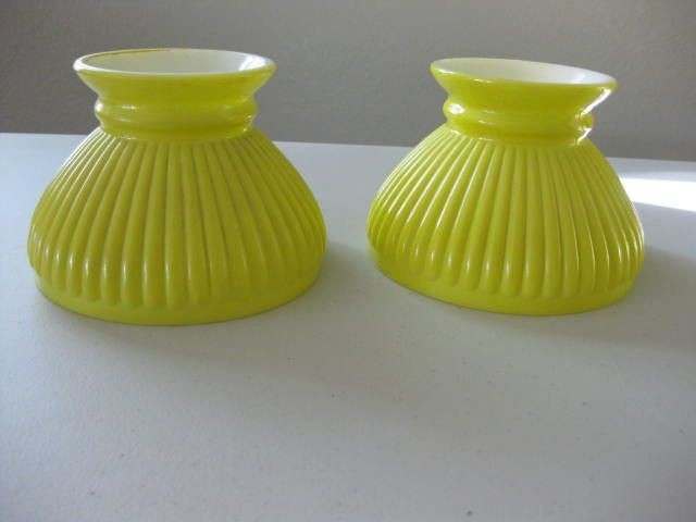 2 vintage yellow lamp shades glass