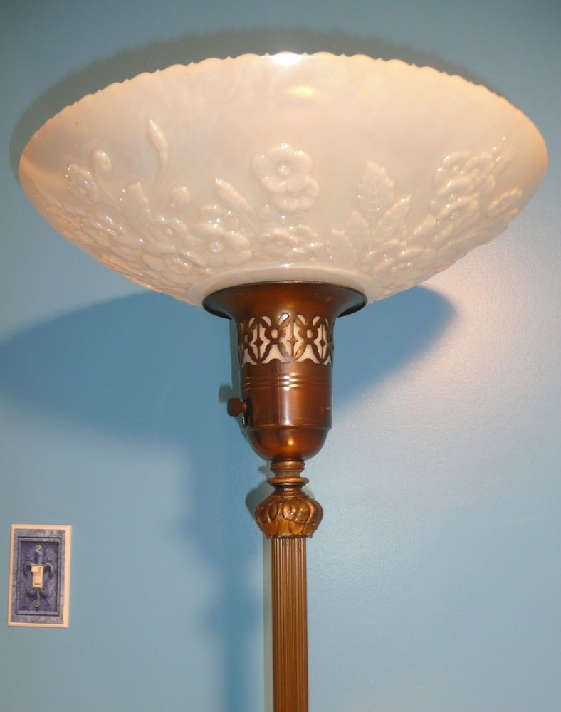 Antique Art Deco Torchiere Floor Lamp W Vintage Iridescent Embossed Glass Shade
