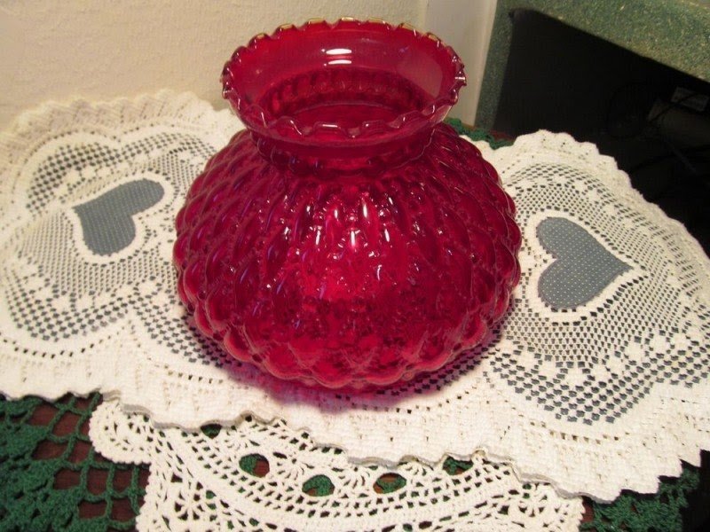 Diamond quilted cranberry glass oil student lamp shape around 6