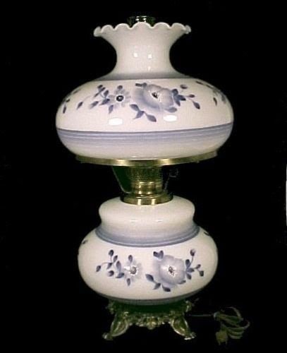 Electric Student Desk Table Lamp Milk Glass Blue Roses Floral Hand Painted