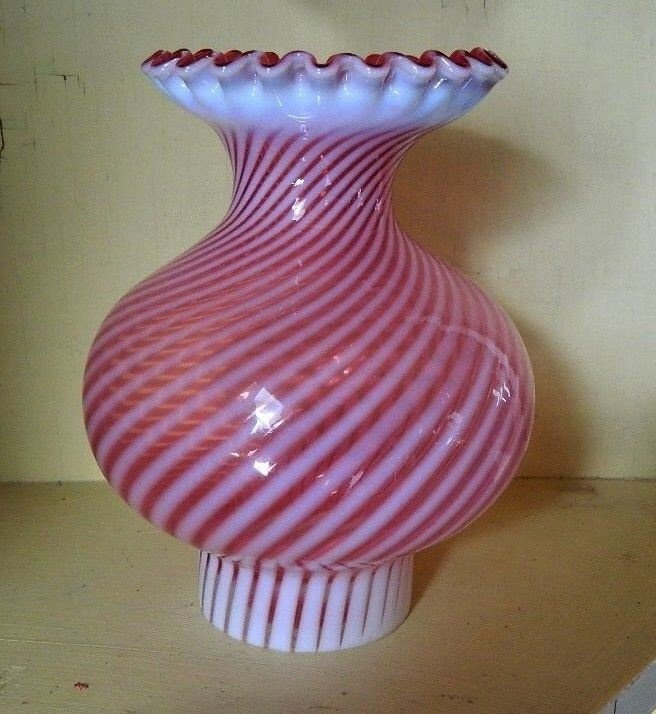 Fenton Cranberry Opalescent Spiral Swirl Ruffled Oil Student Lamp Shade Glass