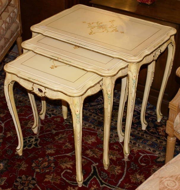 Hand painted french nesting tables all adams decorated circa 1930s