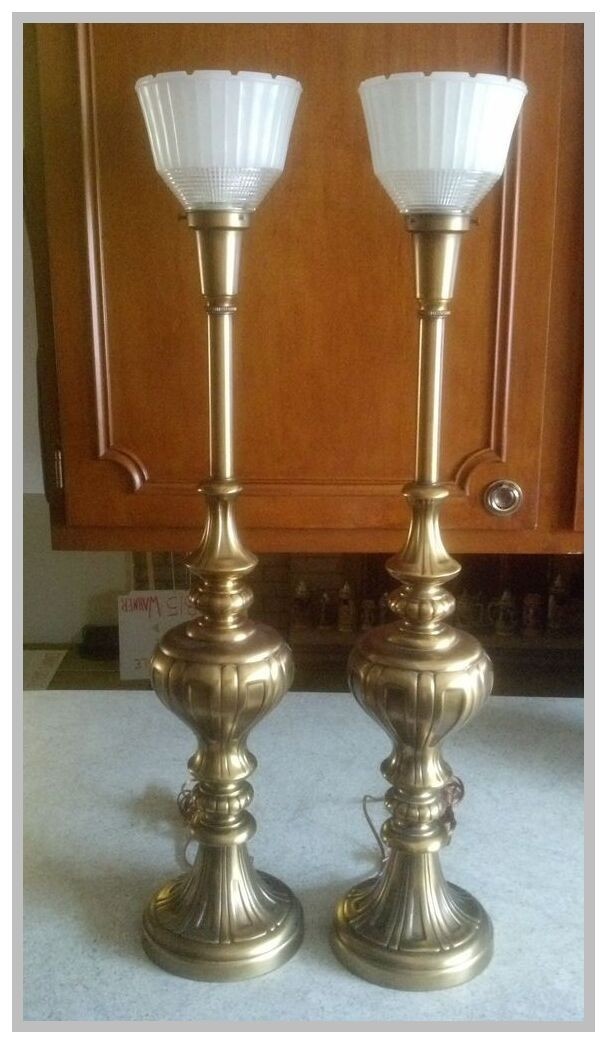 Pair Mid Century Hollywood Regency Stiffel Brass Torchiere Table Lamps 1970s