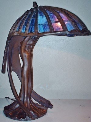 Tiffany Style Art Deco Nouveau Flying Lady Figural Stained Glass Designer Lamp