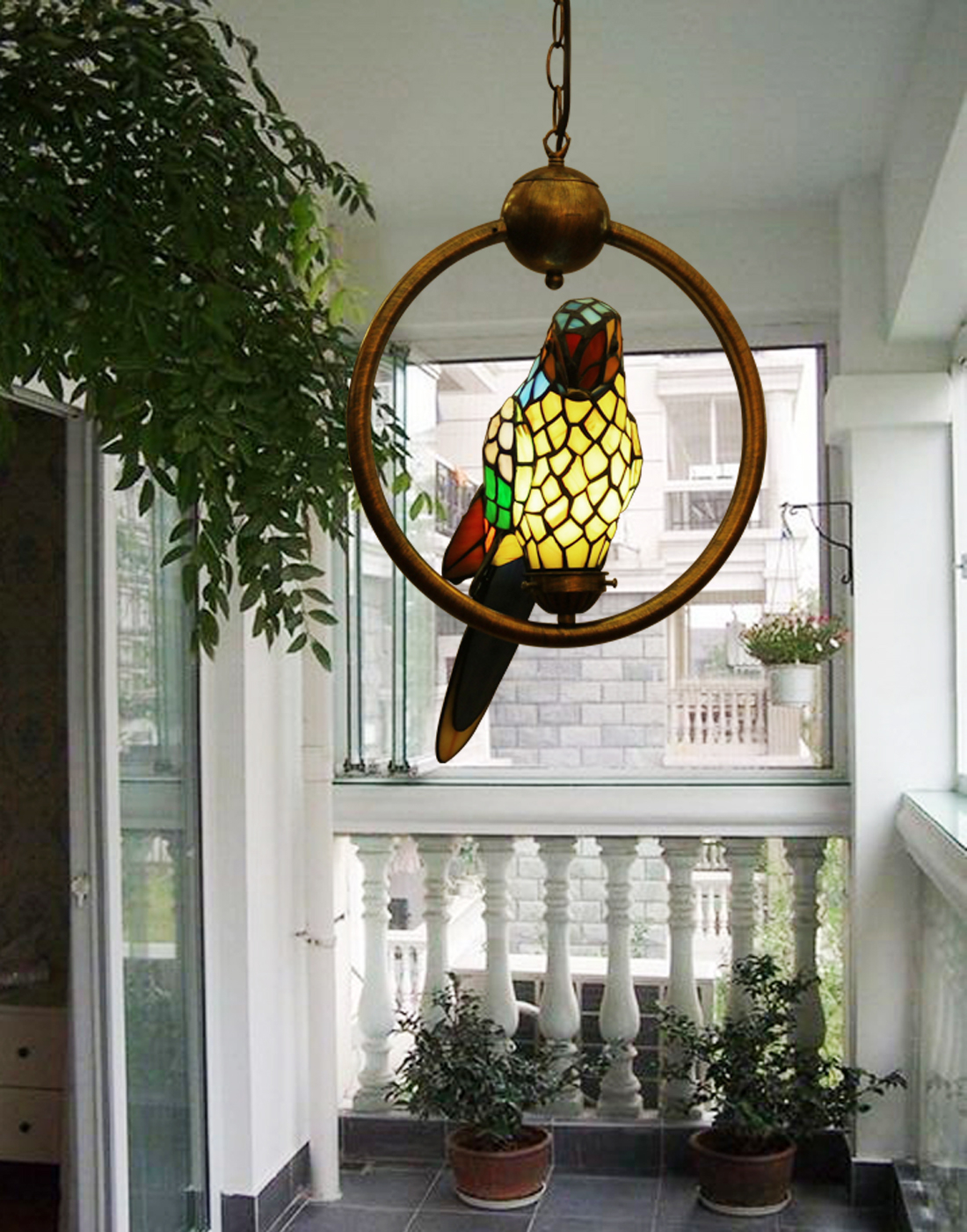 Tiffany Style Stained Glass Hand Crafted Parrot Bird Hanging Lamp Chandelier