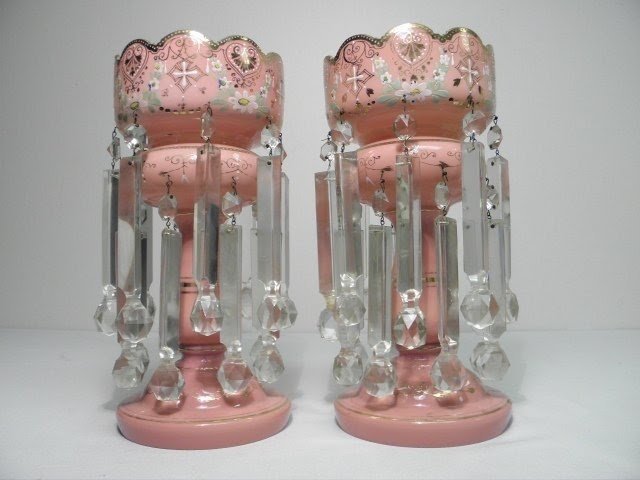 Victorian pink art glass mantel mantle lustres bristol style each