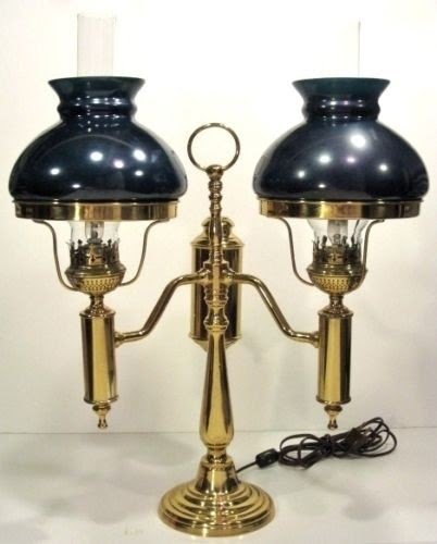 Vintage american brass double student lamp w glass shades