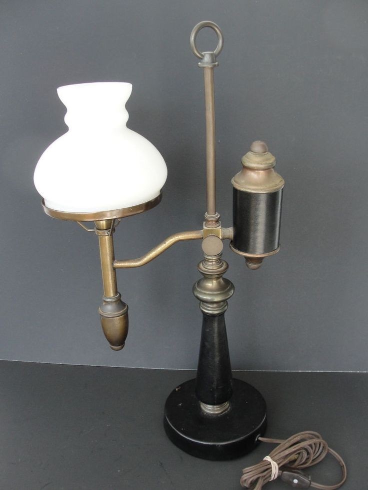 Vintage brass single student lamp w milk glass shade