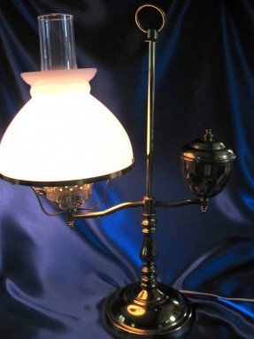 Vintage Electric Brass Student Desk Lamp With Ribbed Shade And Glass Chimney