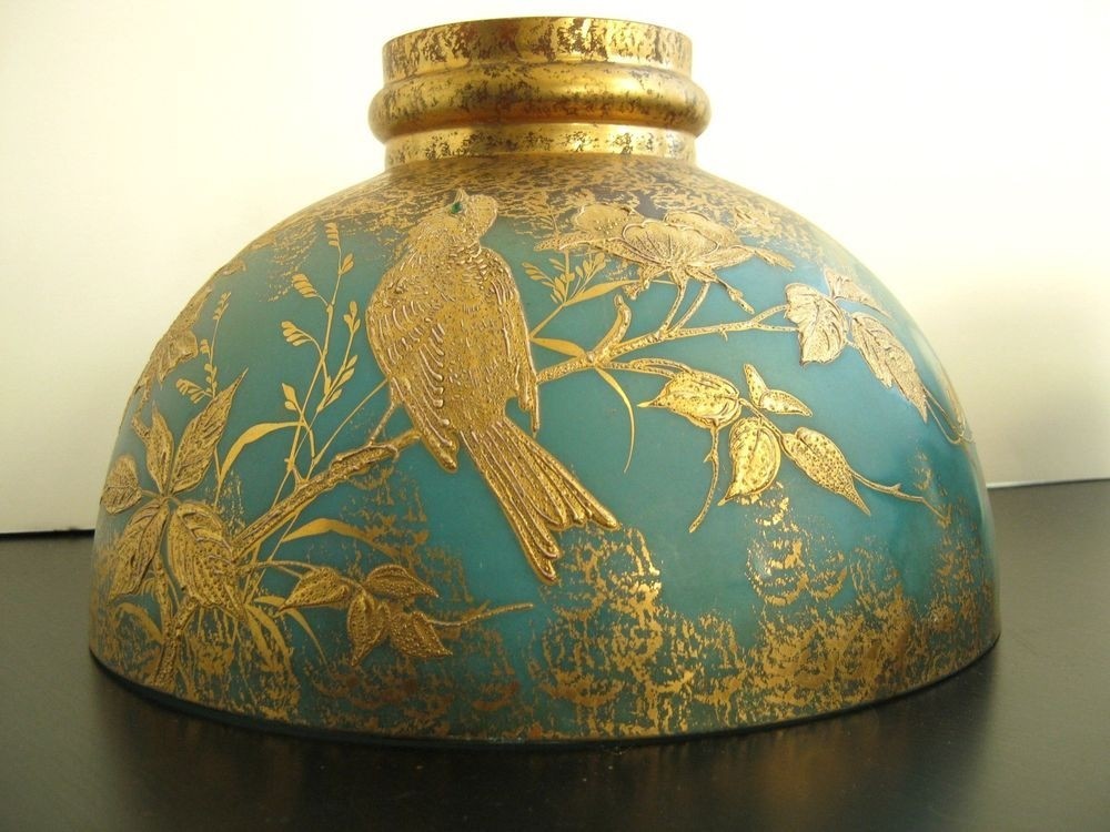 Vtg gold painted w bird cased glass lampshade student rochester