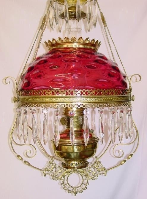 Aladdin no 9 cranberry inverted thumbprint hanging parlor lamp