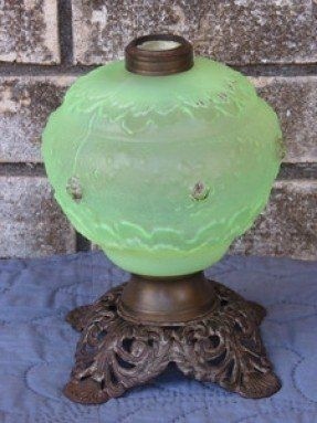 Antique Victorian Green Satin Glass Kerosene Oil Lamp Iron Metal Base Gold