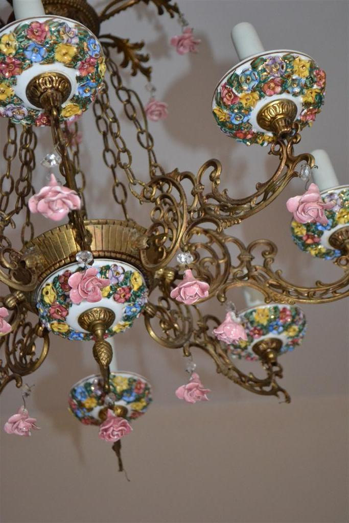 1 Porcelain Capodimonte Pink Shabby Rose Brass chandelier SWAG vintage lamp lite