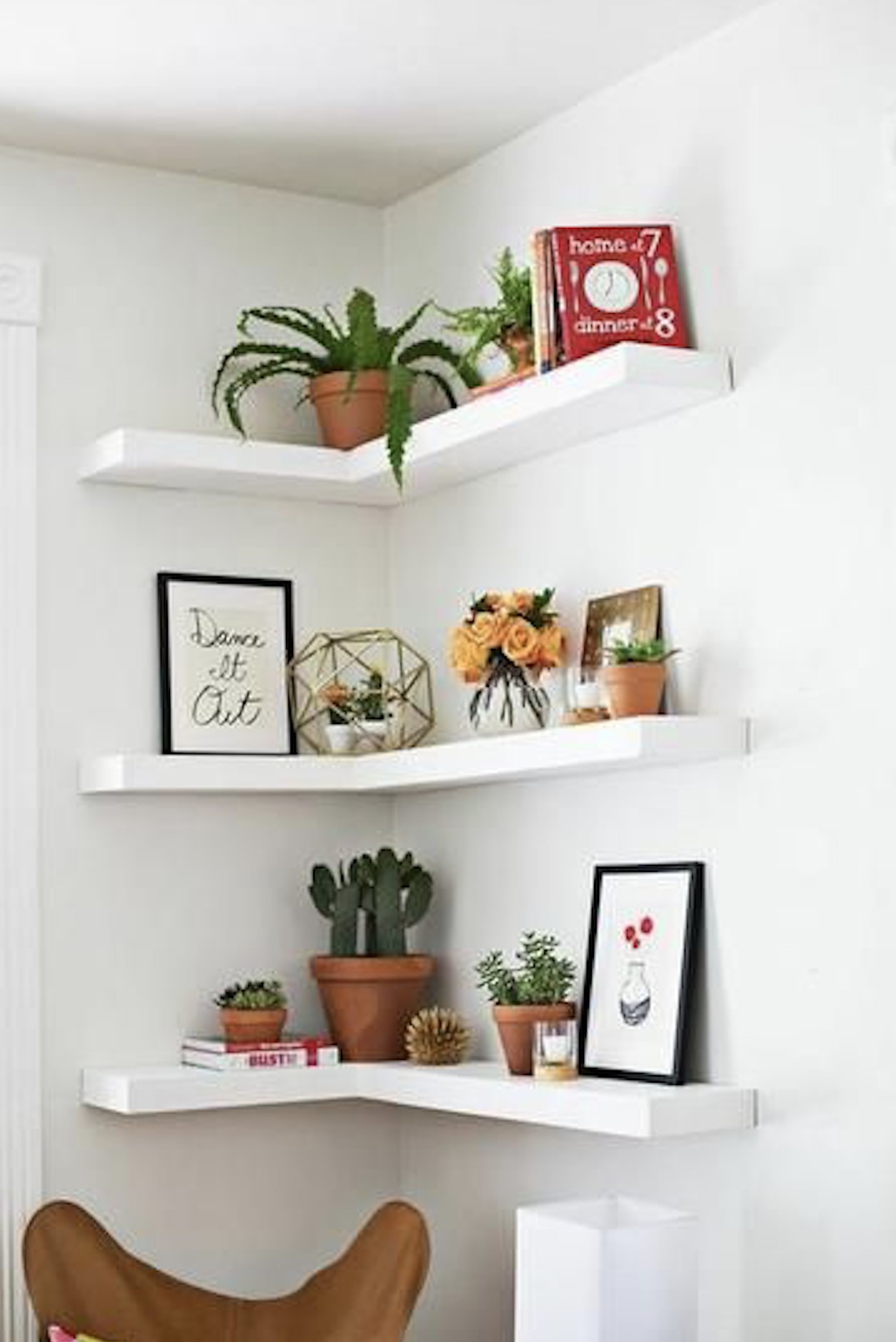 Floating corner shelves suitable for living room decorations ideas