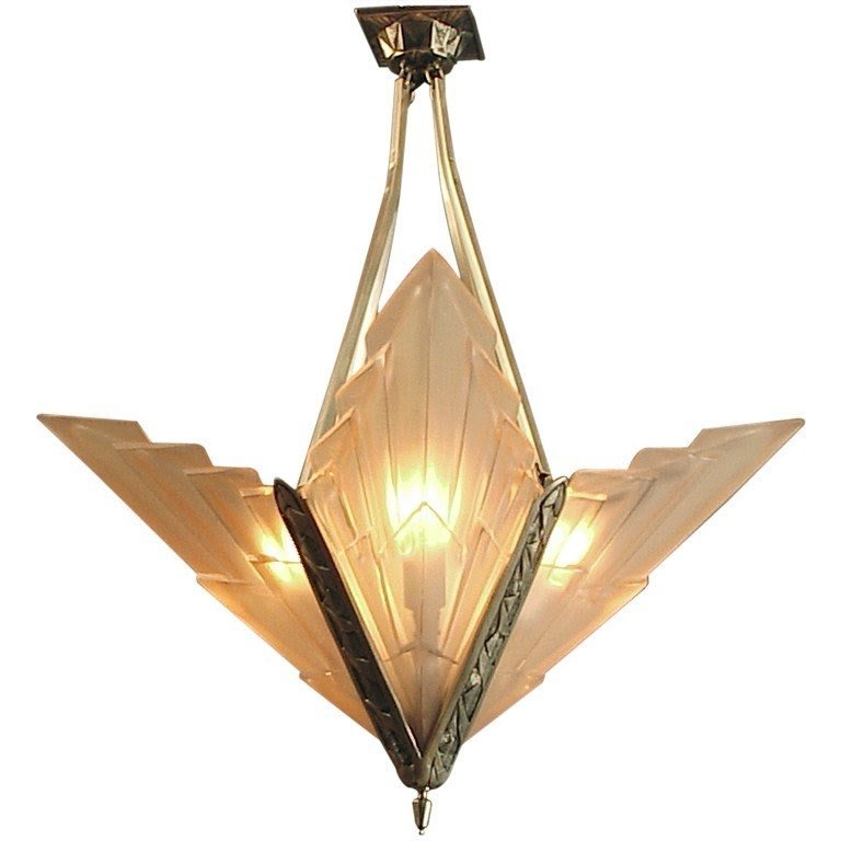French art deco degue chandelier geometric peach glass