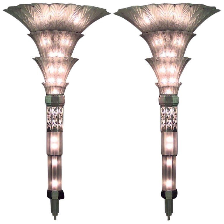Monumental pair of french art deco glass sconces sabino