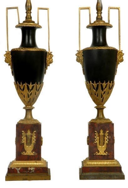 Pair Antique French Empire Period Ormolu Bronze Marble Urns Converted To Lamps