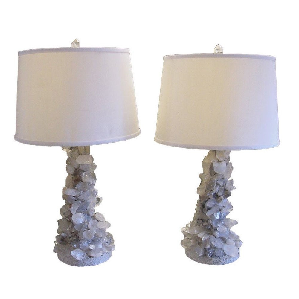 Pair of brutalist quartz crystal lamps in gray contemporary table