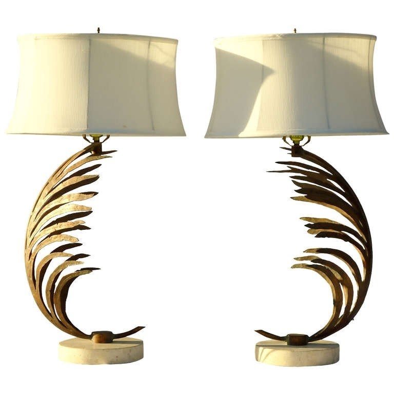 Unusual Pair Of Gilt Metal Palm Frond Table Lamps W Travertine Marble Base