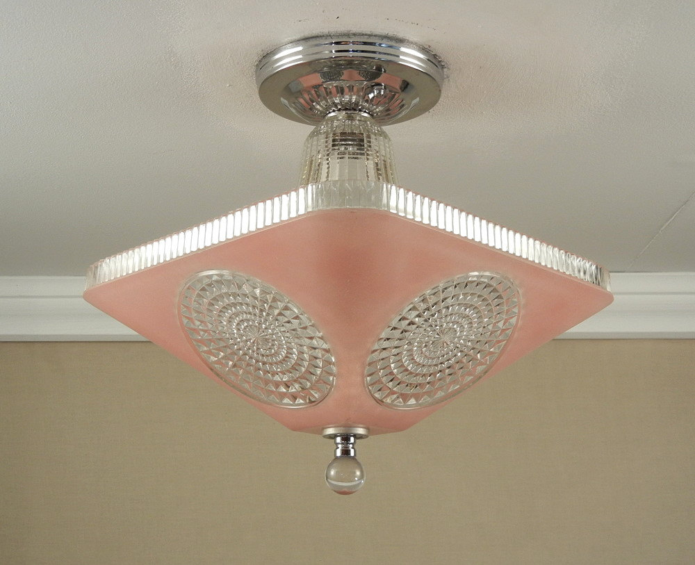 Vintage 1940s Antique Pink Art Deco Atomic Retro Ceiling Light Lamp Fixture