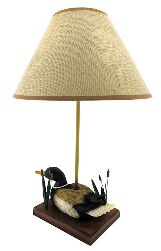 Mallard duck table lamp with burlap shade 20 in