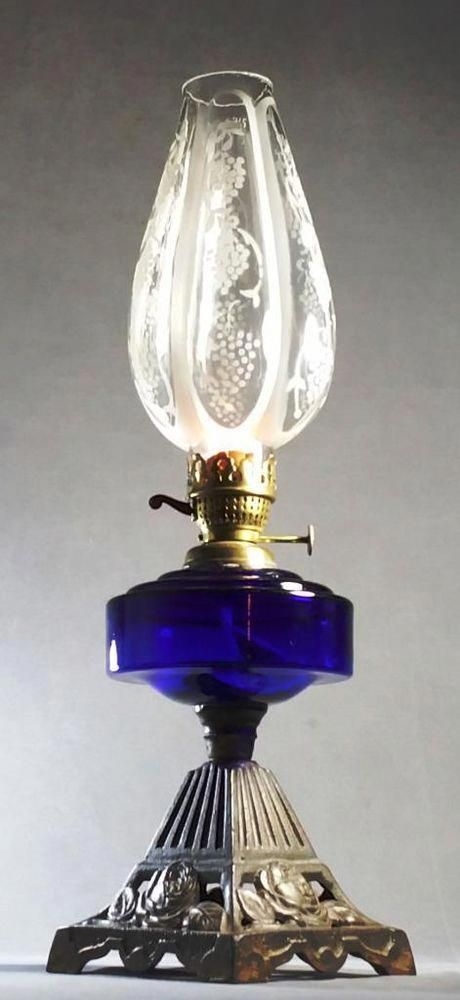 Victorian Bristol Blue Glass Font Youngs Burner Kerosene Oil Lamp Etched Chimney