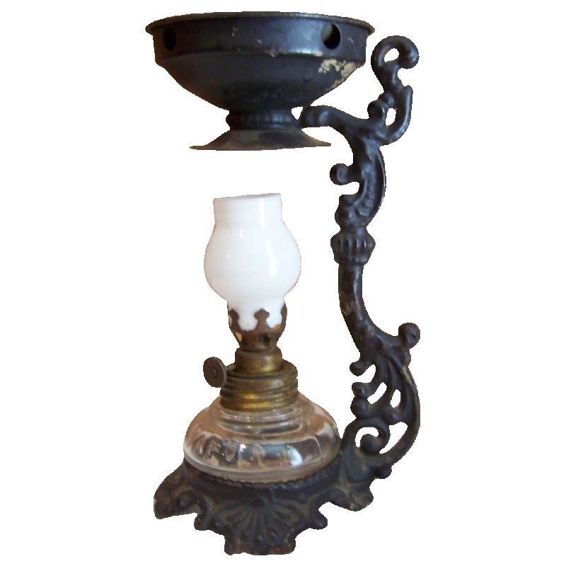 Vintage Cast Iron Cresolene Kerosene Oil Miniature Small Lamp Milk Glass Chimney