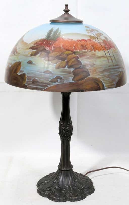112323 reverse painted glass scenic shade table lamp