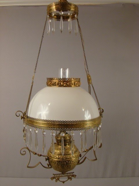 164 brass kitchen pull down oil lamp with milk glass