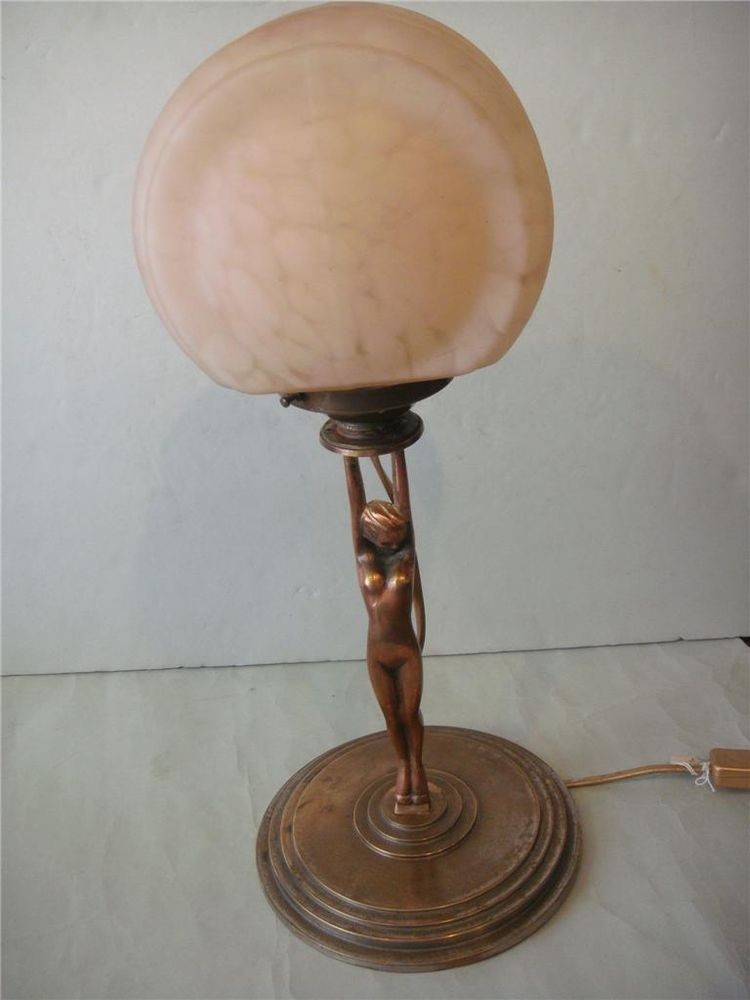 Antique art deco dianna lady lamp w mottled pink glass