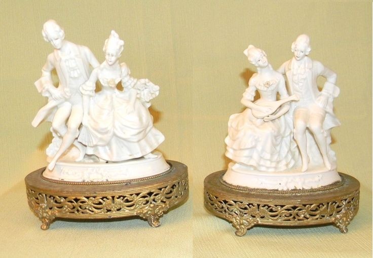 One pair dresden white porcelain victorian figurine table lamp base