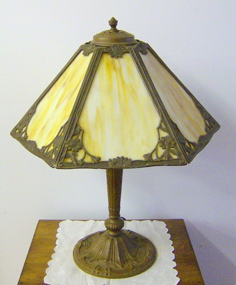 Vintage brass art nouveau style lamp slag glass shade ebay