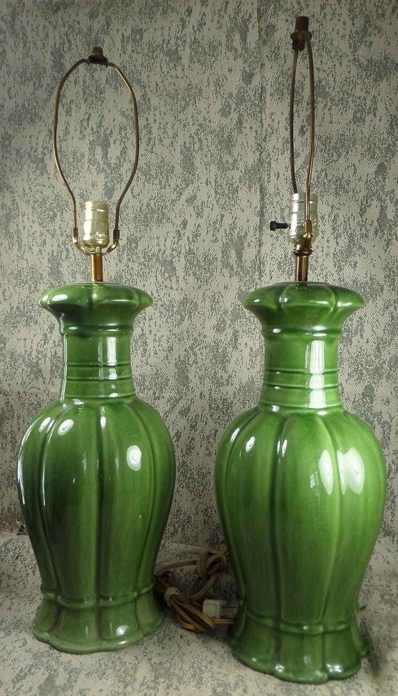 Vintage pair of green ceramic ginger jar table lamps