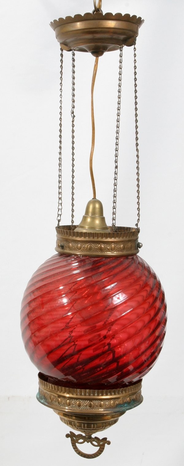 011135 cranberry glass hanging lamp c 1880 h 10