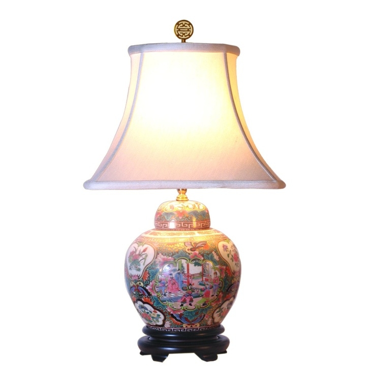 Red Oriental Table Lamp  Vintage Japanese Asian Design Porcelain Light Decor 