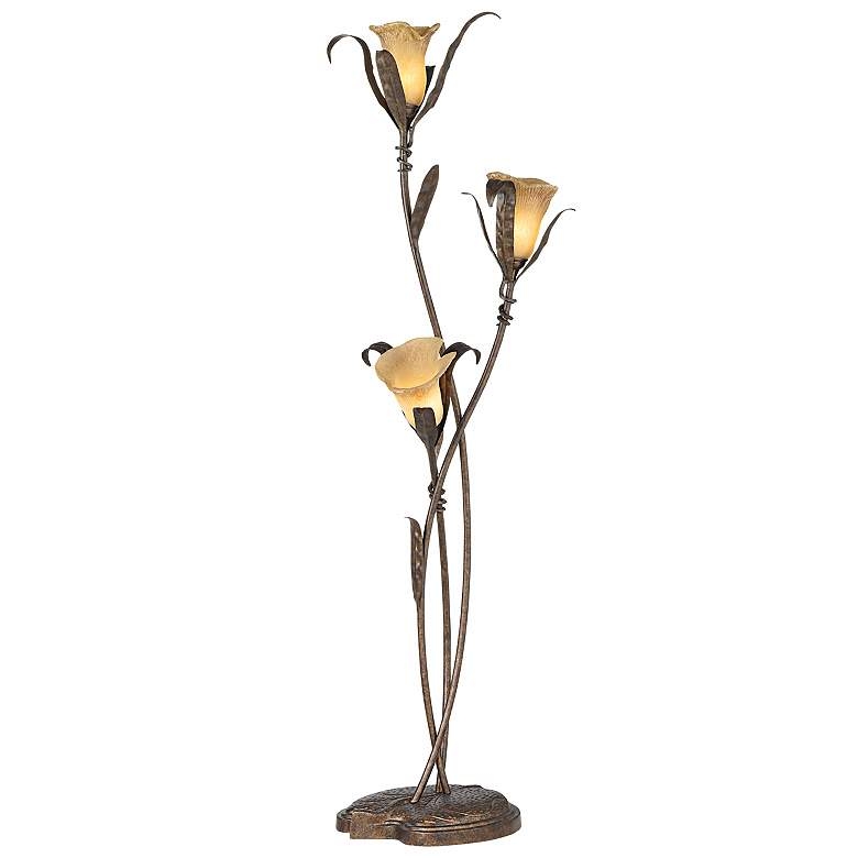 Bronze and gold finish three amber glass flower shades takes