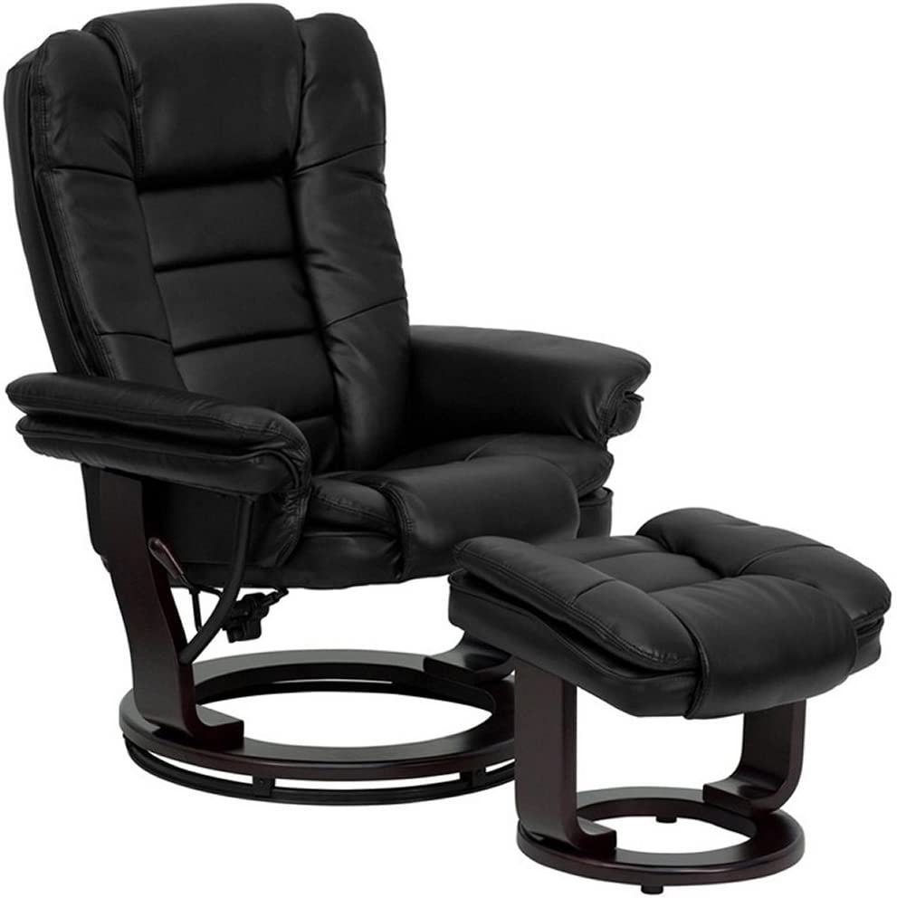 Flash Furniture Contemporary Black Leather Recliner/Ottoman with Swiveling Mahogany Wood Base