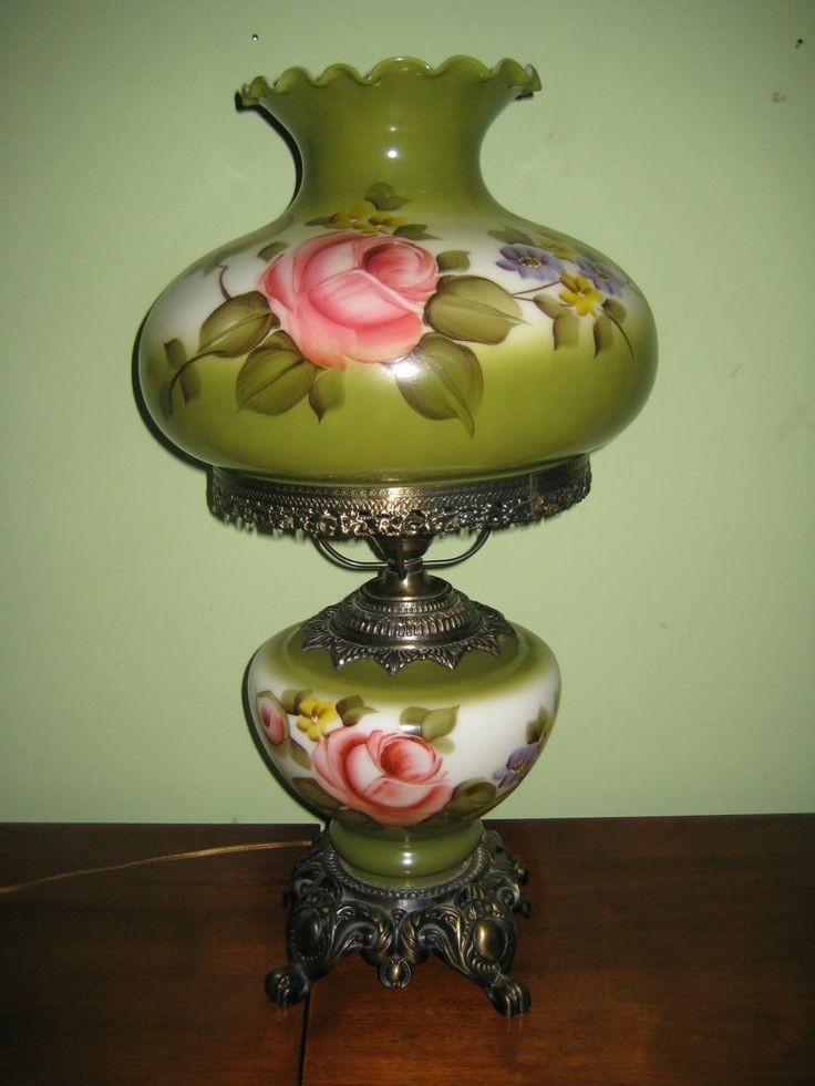 Vintage Hurricane Lamp Hand painted Glass Floral Large Table Lamp 26”