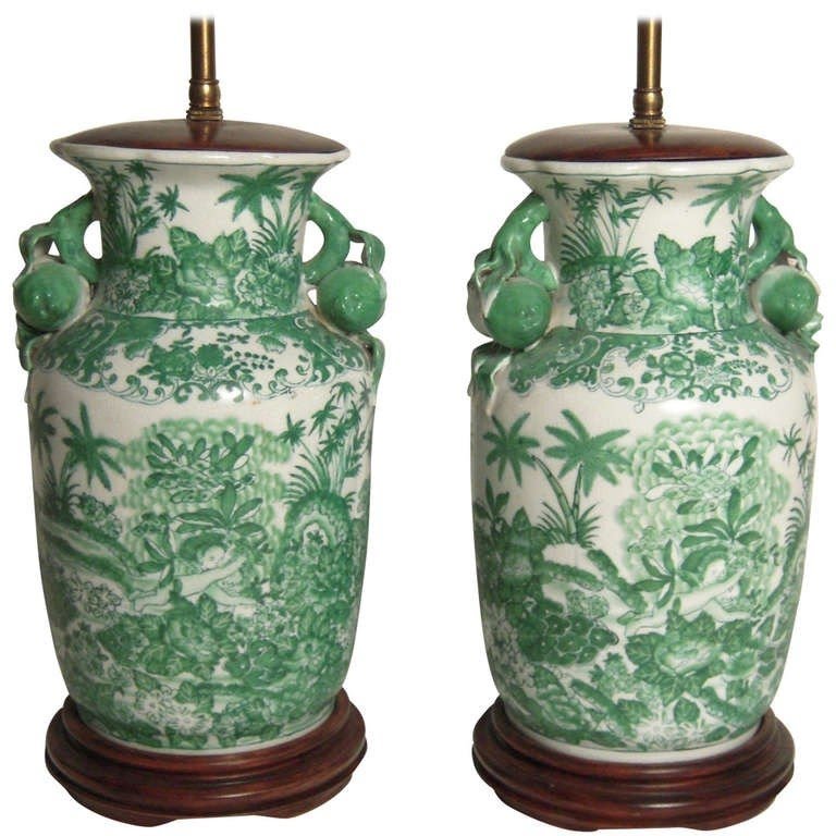 Pair Of Fine 19th Century Hand Painted Green Chinese Export Vase Lamps